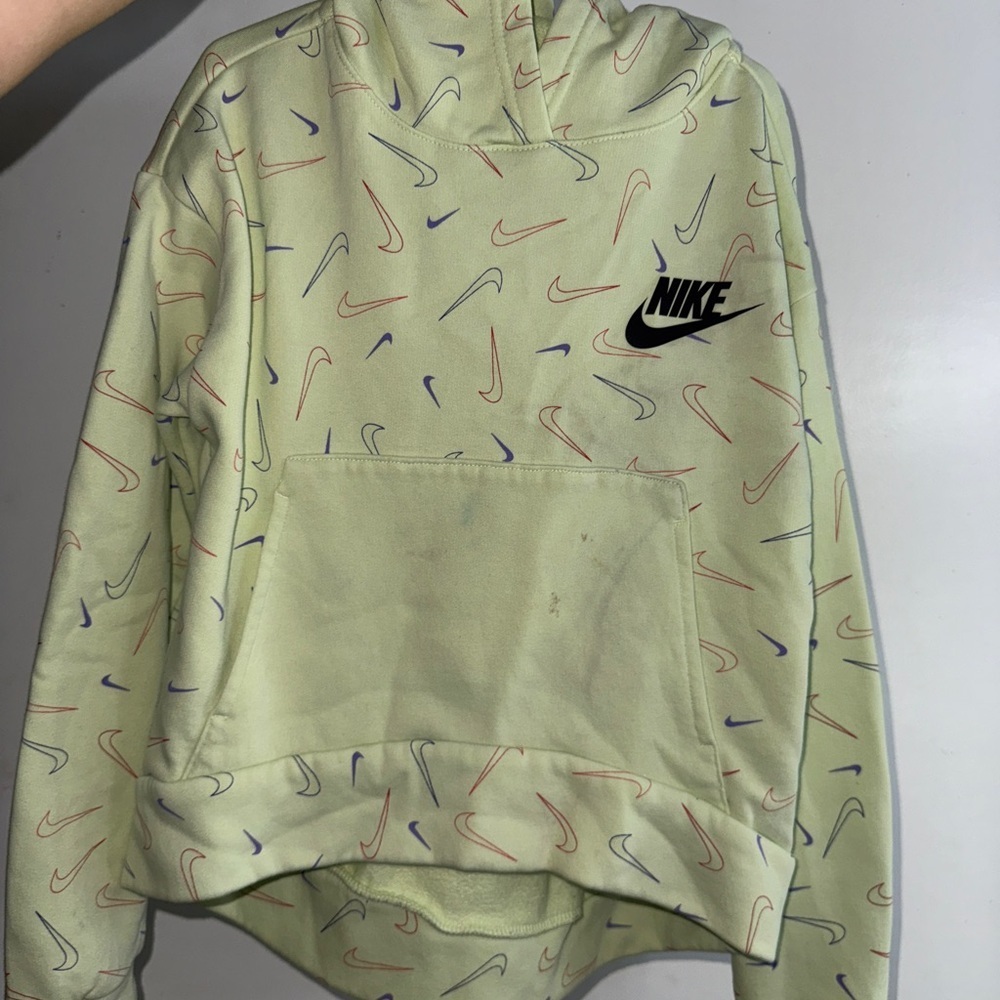 2/$15 Nike Green Hoodie with Multicolor Swoosh Pattern, minor stains